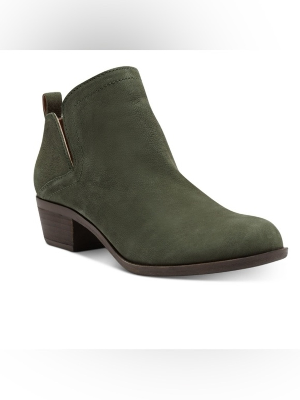 Lucky Brand Bollo Olive Green Leather Ankle Booties Side Cutout Stacked Heel 9